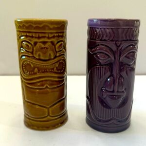 2001 Hawaiian tiki mug/glasses accoutrements set of 2 Tan & Purple